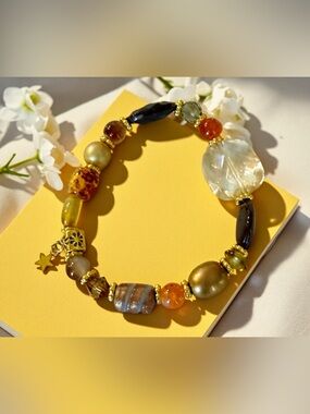 Hand crafted Gold and Multicolor Beaded Stretch Bracelet - Women's Jewelry